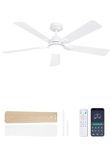 Dolavast 52 Inch Ceiling Fan with Lights and Remote, Downrod Mount, Sloped Ceiling Compatible up to 15°, Quiet Reversible DC Motor, 3CCT Dimmable LED, White Ceiling Fan for Bedroom Living Room