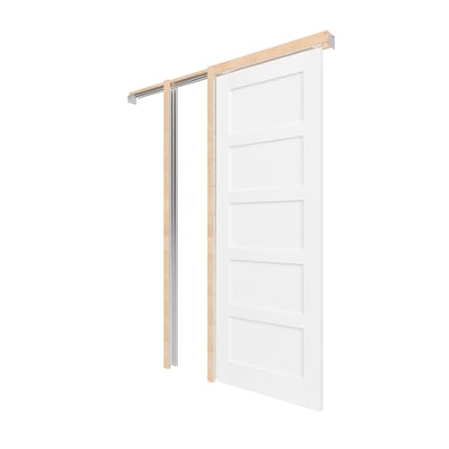 Image of Sliding Pocket Door, 32 inch x 80 inch, 5-Panel Core with Frame and Hardware Kit Set, Interior Doors for Pocket Door, White Primed - No Panel Assembly Required