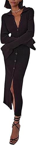 RanRui Women Long Sleeve Knit Dress Stripe Botton Down Knitted Dress Cardigan Sweater Dresses Ribbed Knit Bodycon Maxi Dress