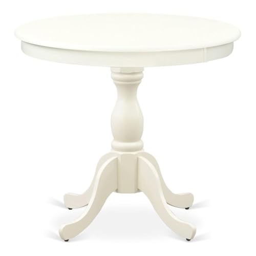 East West Furniture ANT-LWH-TP Antique Dining Room Table - a Round kitchen Table Top with Pedestal Base, 36x36 Inch, Linen White