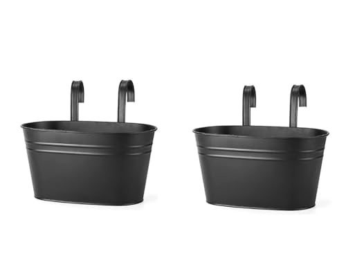 Image of 12 INCH Anti Rust Railing Oval Planter for Balcony & Garden with Detachable Handle | Hanging Flowerpot Holder | Metal Wall Planter for Indoor and Outdoor Decor (Black, 2)