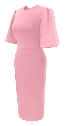 Image of Memoriesea Women's Basic Bodycon Ruffle Flared Short Sleeve Pencil Midi Dress