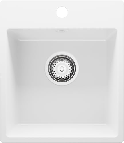 PRIMAGRAN Evier Cuisine en Granit Blanc 38x44cm, Lavabo 1 bac + Kit de Vidage, Évier à Encastrer al mueble 40cm - Riga Easy S002