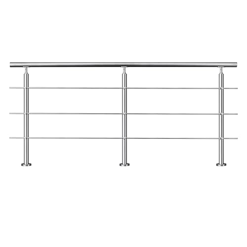 Garde-corps avec main courante, 200cm, en acier inoxydable 304, garde-corps avec 3 traverses, pour intérieur et extérieur