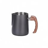 Pitycbo Milchaufschäumer Kanne Milchkrug Edelstahl Markierungen Holzgriff Beak Ausguss für Latte Art Gastronomie Kaffeegenuss, Schwarz, 900ML