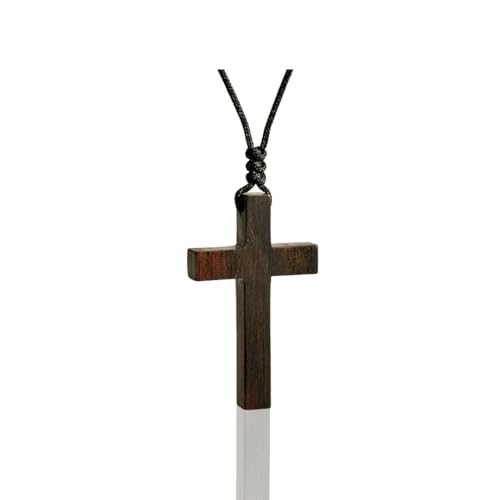 Holy Fringe Natural Ebony Wood Cross Necklace for Men & Women - Wood Cross Pendant Necklace for Car Mirror - Wooden Religious Pendant Jewelry (1.2 x 0.75)