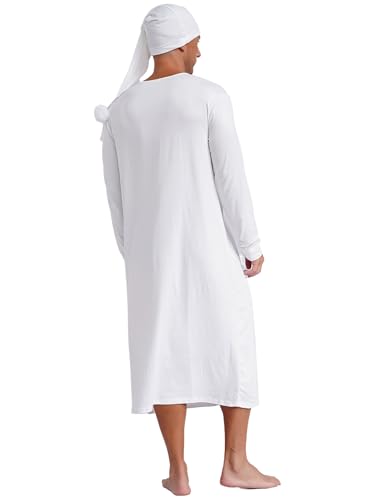 Men's Pajamas Set Long Sleeve Sleep Robe Nightshirt with Pom-pom Sleeping Cap Sleepwear3