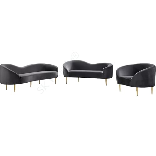 Image of Rosewood Luxury Curved Sofa in Premium Velvet-Fabric | Solid Wood Structure | High Density Foam | Sturdy Golden Legs | Comfortable & Stylish Couch for Modern Living Room (Grey, 3 Seater)