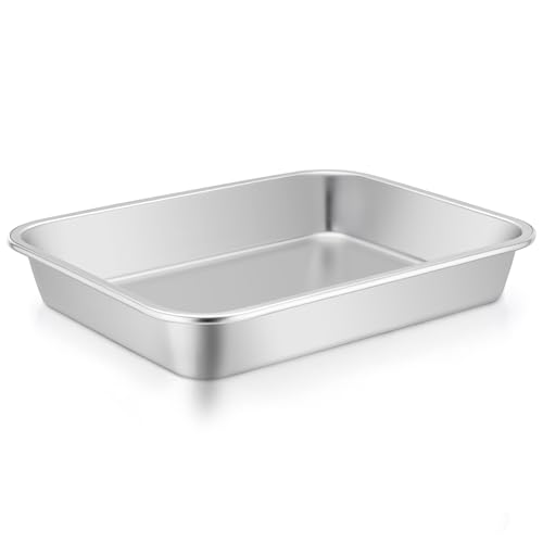 TeamFar Lasagna Pan, 10.6 x 8.3 x 1.7inch Stainless Steel Rectangular Cake Brownie Pan Casserole Baking Dish, Compact for Toaster Oven, Non Toxic & Healthy, Brushed Finish & Easy Clean-Dishwasher Safe