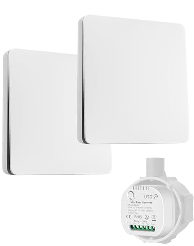 UTOI Interruttore Luci Senza Fili con Relè 15A 220V, Interruttore Wireless Senza Batteria, Telecomando RF On Off Control a 2 Vie per Lampada LED, Bianco (2 Interruttori + 1 Ricevitore)