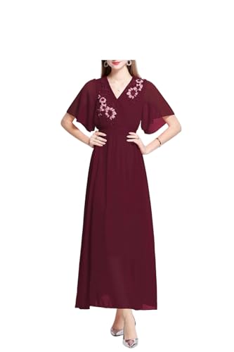 Women Chiffon Solid Color Pleated Nail Bead Decor Elegant Dress