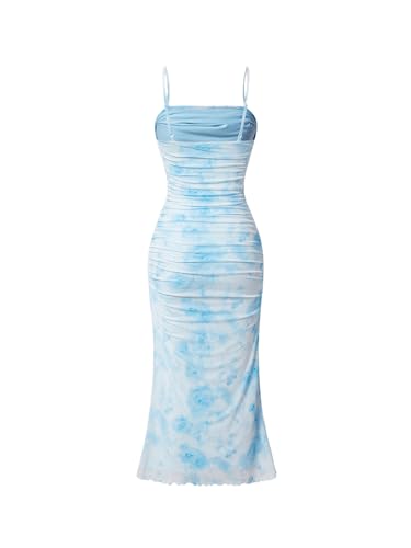 Image of GORGLITTER Women's Floral Bodycon Ruched Wedding Guest Dress Summer Boho Cocktail Birthday Prom Midi Sundresses 2025 Blue X-Small
