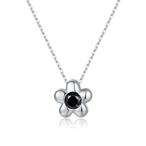 Reffeer Solid 925 Sterling Silver Black CZ Flower Necklace Choker for Women Teen Girls Dainty Daisy Pendant Necklace