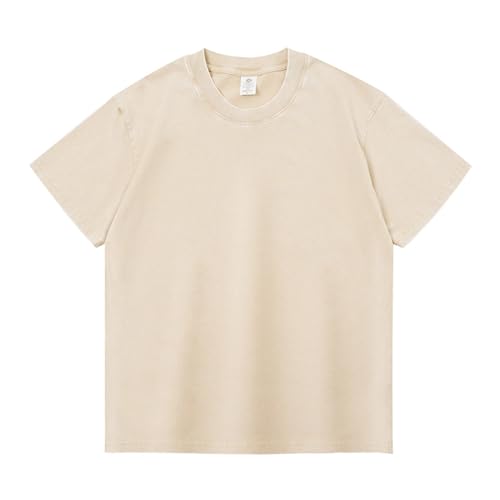 WENKOMG1 Cotton Shirt for Men Loose Fit Distressed Casual Half Sleeve T-Shirt Summer Retro Style Crewneck Pullover, Shop The Look Baggy Tee(Beige,X-Large)