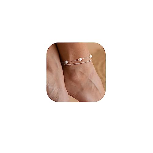 Poxtex Pearl Ankle Bracelets For Women, 925 Sliver Plated Anklets For Women Waterproof