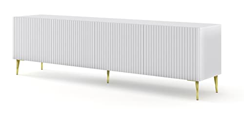 BIM Furniture Lowboard TV Schrank Ravenna B 4D 200 cm gefräste dekorierte MDF-Fronten auf goldenen Metallbeinen Stehen Unterschrank Fernsehschrank TV Board Sideboard HiFi-Tisch (Weiß Matt)
