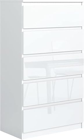 meble masztalerz Komoda Biała z 5 szufladami - Fronty w połysku - 70,4x125x39 cm - Komoda do salonu, sypialni - Szafka z szufladami - Komoda z szufladami