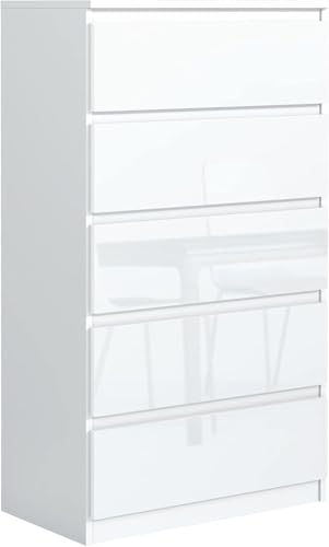 meble masztalerz Cómoda 70,4 cm Blanco Frentes de Alto Brillo con 5 Cajones - 70,4x125x39 cm - Comoda Dormitorio - Casa - Oficina - Cajonera Armario Interior - Mueble Salon