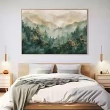 DIHANSM Poster mit grün-goldener Bergwaldlandschaft auf Leinwand, Heimdekoration (70 x 100 cm/ungerahmt)