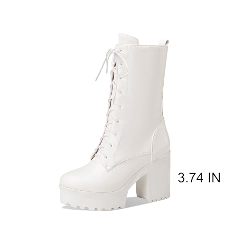 Image of FOREADA Goth Platform Heel Combat Boots Women Pearl Lace Victorian Booties