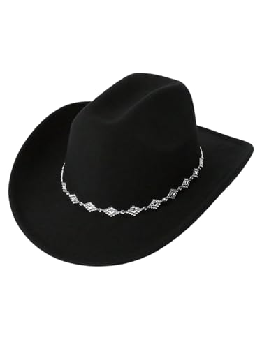 Verdusa Women's Western Cowboy Hat Rhinestone Wide Brim 2026 Cowgirl Hat Black One Size