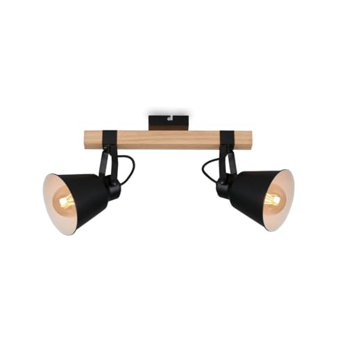 Briloner – Lámpara de techo retro con vigas de madera, 2 focos, lámpara de techo vintage, casquillo E27, máx. 40 W, pantallas ajustables, lámpara de techo rústico, color negro y madera