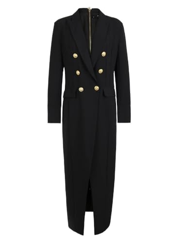 Trench-coat noir extra-long pour femme ajusté à boutons dorés