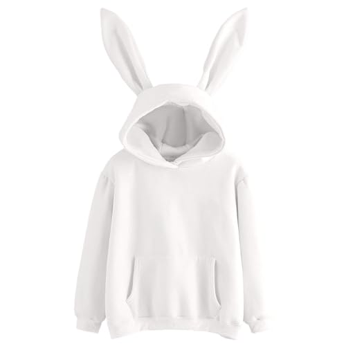 Generisch Sudadera con capucha para mujer, de manga larga, con detalles en las orejas, Blanco, XXL
