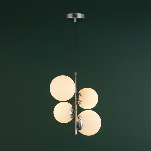 BARCELONA LED   Lámpara Colgante de Techo 4 Esferas TANNA, Lámpara Colgante Salón Moderna de Cristal Opalino y Aluminio, Casquillo E27, Ø 15cm, Ideal para Comedor, Cocina o Dormitorio (Cromo)