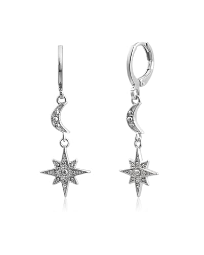 Watforsh Small Silver Crescent Moon and Star Earrings Drop Dangle Leverback Earrings Space Celestial Hypoallergenic Jewelry