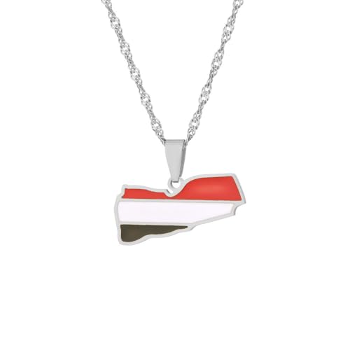 Collier Carte et Drapeau du yémen pour Femmes et Hommes, Pendentif de Collier de la république du yémen, Accessoires de Bijoux de Carte en Acier Inoxydable