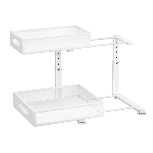 Image of Under Sink Organizer, 1-Pack Pull Out Cabinet Organizer 2 Tier Metal Slide Out Storage Shelf Rack, L-Shaped Adjustable Height,Mesh Sliding Drawer for Kitchen, Bathroom, Laundry, Pantry, White, XL
