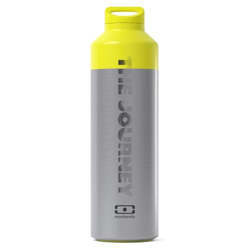 MONBENTO - Bouteille isotherme MB Steel The Journey - Gourde Isotherme Inox 500ml avec Infuseur Thé/Fruit - Garde Boissons Chaudes/Froides - Bouteille Inox Idéale Travail/Randonnée/Sport - Jaune Métal
