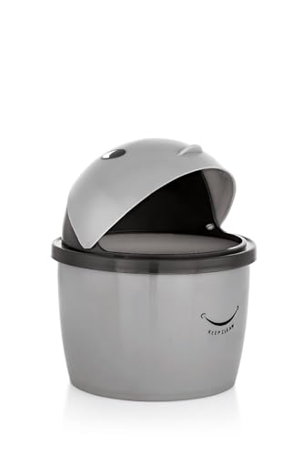 Image of Mini Desktop Trash Can with Swing Lid - Stylish Plastic Wastebasket for Office, Kitchen, Tabletop & Countertop | Small Round Garbage Bin (Small)