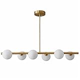 KCO 6-Lights Mid Century Modern Globe Sputnik Chandelier Gold and White Pendant Light Fixture Milk Glass Linear Pendant Light Minimalist Long Rectangle Dining Room Chandelier