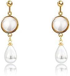 Clip On Earrings Gold Pearl Earrings Dangle Teardrop Earrings Long Chain Earrings Non Piercing Earrings for Women Girls Round Flower and Teardrop Shape Gifts for Wedding