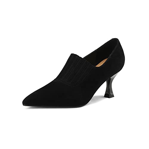 TinaCus Genuine/Suede Leather Handmade Pointed Toe Mid Spool Heels Women's Casual Pumps Shoes