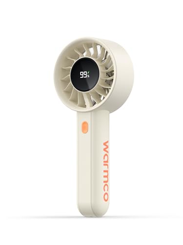 Warmco Portable Handheld Turbo Fan 5000mAh 4-Speed Personal Mini Fan with Base & Lanyard Smart LED Display USB Rechargeable Pocket Size for Travel Makeup Office Desk White