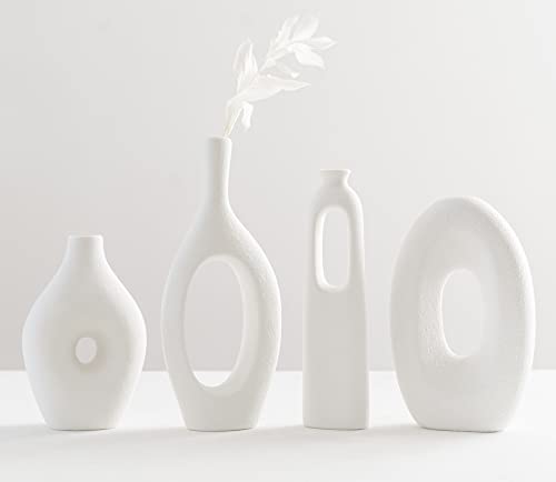 White Ceramic Vase Set-4 Nordic Oval Donut Vases For Decor, Boho Circle Hollow Round Vase For Pampas Grass, Minimalist Modern Home Decor, Centerpieces, Mantel, Shelf, Entryway, Bookshelf, Table Decor #TOP3