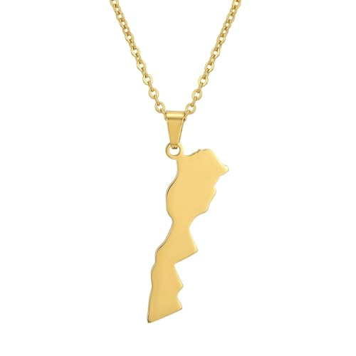 Enamel Stainless Steel The Kingdom Of Morocco Map Flag Pendant Necklace,Gold Color Morocco Map Jewelry,Gold Color Ethnic,Vintage Charm Hip Hop Trendy Jewelry (Gold,E)