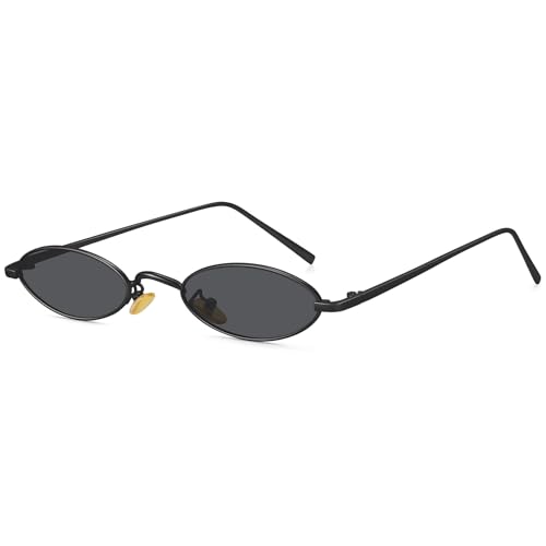 MEETSUN Retro 90s Small Oval Sunglasses For Women Men Small Face Metal Frames Gothic Narrow Sun Glasses for Outfit Cosplay - Black