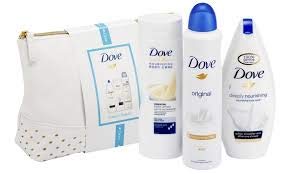 Image of Dove Beauty and Care collection three piece wash bag gift set including Deeply Nourishing body wash 250ml, Essential Nourishment body lotion 250ml and Original antiperspirant 250ml