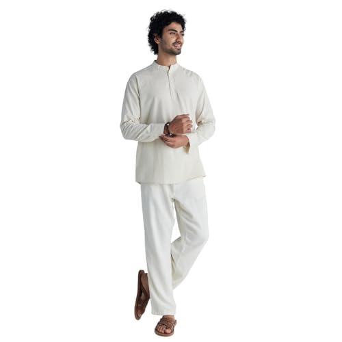 Image of SAADAA Men's Short Kurta - Linen Cotton Blend, Airy Fabric, Regular Fit, Mandarin Collar, Solid Color - Casual, Festive & Ethnic Wear