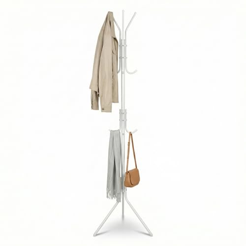Pincho Perchero de Pie, Colgador Ropa, Colgador Bolsos, Recibidores de Entrada, Perchero Recibidor con Base Trípode Estable, Perchas de Pie con Ganchos Superiores e Intermedios - Blanco