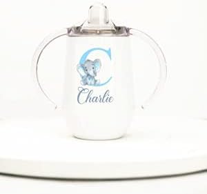 Personalized Blue Elephant Initial With Name Sippy Cup | Any Names or Text | Drinking cups for toddlers | Custom Insulated Stainless Steel for baby Boy