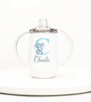 Personalized Blue Elephant Initial With Name Sippy Cup | Any Names or Text | Drinking cups for toddlers | Custom Insulated Stainless Steel for baby