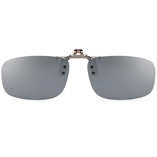 Image of CAXMAN Polarized Clip On Sunglasses Over Prescription Glasses or Reading Glasses for Men Women Flip Up Rimless Rectangle Lens Cover Eyeglasses, Silver Mirrored Lens, 57 * 36mm