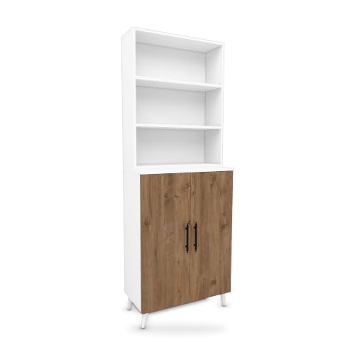 Lidya Dolaplı Kitaplık 6 Raflı 2 Kapaklı 65 cm, Atlantik Çam - Beyaz