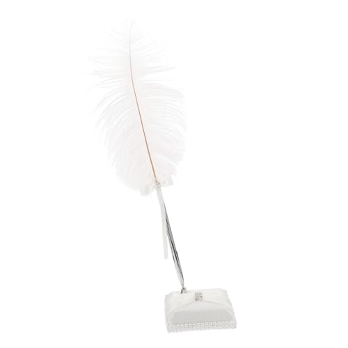 Stylo à plume d'autruche blanc pour livre d'or mariage avec socle satin 360°