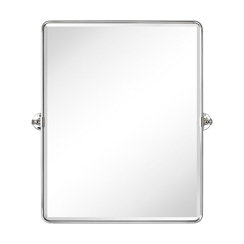 Image of Farmhouse Pivot Rectangle Bathroom Mirror Chrome Metal Framed Tilting Beveled Vanity Mirrors for Wall, Overall 27.91x 30 inches (Mirrror 24 x 30 inches)